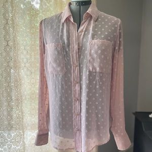 A New Day Sheer Pink Polka Dot Button up Blouse Rose Gold buttons